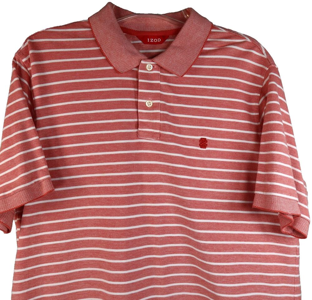 Izod Polo Shirt Men's Size Large Red & White Striped Cotton Casual Stretch
